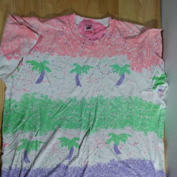 Vintage 90s Palm Trees Paint Splash Stripes AOP T-Shirt, - Picture 1 of 10